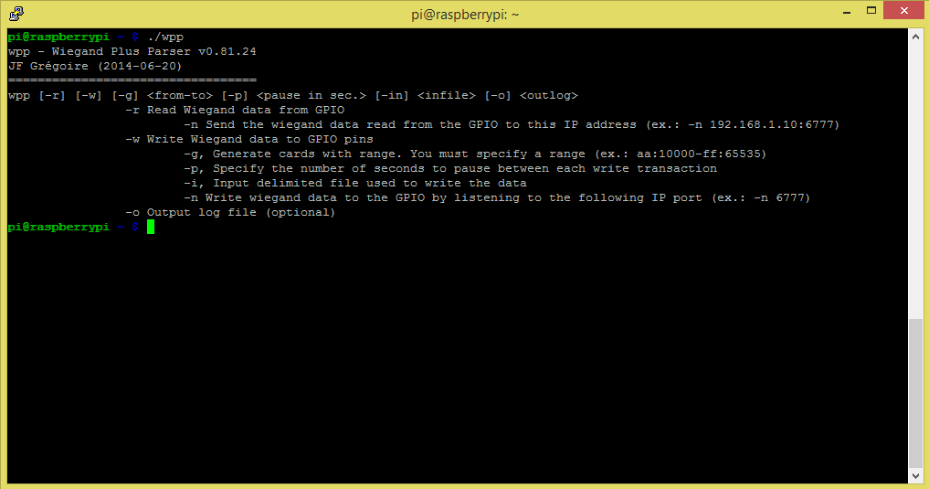 The command line help of the wex software